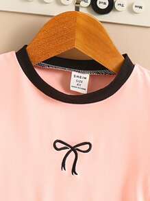 Spring Fashion Girls Cute Embroidered Bowknot & Shirring Side Decor Long Sleeve Top - Pink - View 5