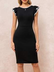 SHEIN Clasi 圆领短款盖袖撞色修身女式连衣裙 - 黑與白 - 查看 8