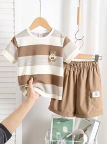 SHEIN 2pcs/Set Young Boy Kids Comfortable And Casual Daily Versatile Fashionable Cute Teddy Bear Embroidered Khaki Striped Round Neck Knitted Top T-Shirt And Shorts Set, Suitable For Daily Use, Sports, Outings, Campus, Gatherings, Festivals, Performances, Photography, Back To School Season - Khaki - View 7