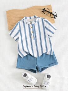 Cozy Pixies 2pcs Baby Boy Set: Colorful Striped Collar Short Sleeve Shirt & Solid Color Elastic Waist Shorts