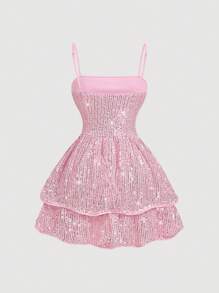 SHEIN MOD Women's Pink Sequin Spaghetti Strap Dress, Party Dress,Rave Outfits,Pastel Dress,Graduation Dress,Western Women Outfits,Pastel Dress - Pink - View 2