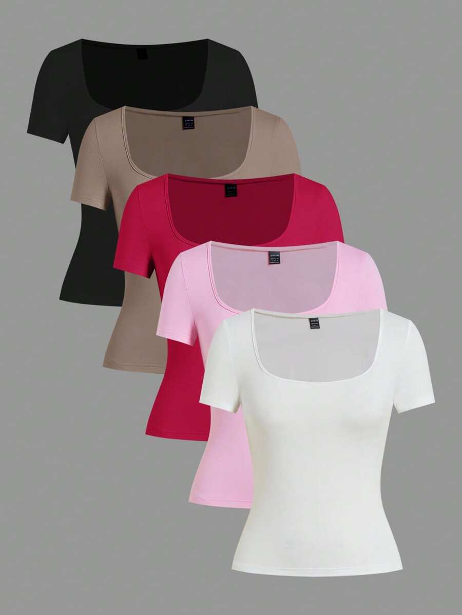 SHEIN EZwear 4 件装女士休闲简约纯色针织 T 恤 - 彩色 - 查看 1