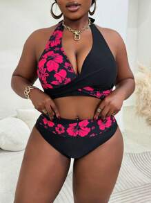 Slaydiva Conjunto de bikini de 2 piezas con parte superior estampada con flores en contraste y Bottom sólida para mujer de talla grande, conjunto de playa y vacaciones de verano - Negro - Ver 1