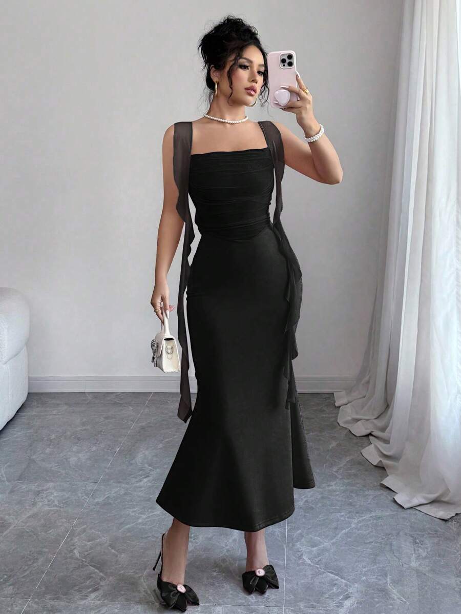 Elenzga 25 浪漫优雅水母蝴蝶结紧身网眼拼接鱼尾连衣裙，修身修身，春夏