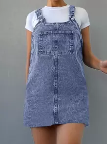 SHEIN Cottnline فستان من قماش الدنيم مرقع جيب بدون تي شيرت - الأزرق - مشاهدة 5