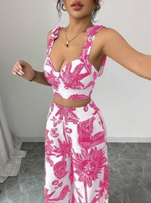 Elenzga Bohemian Blue & White Print Strap Tie Front Crop Top And Straight Leg Long Pants 2 Pieces Set, Holiday Style - Hot Pink - View 5
