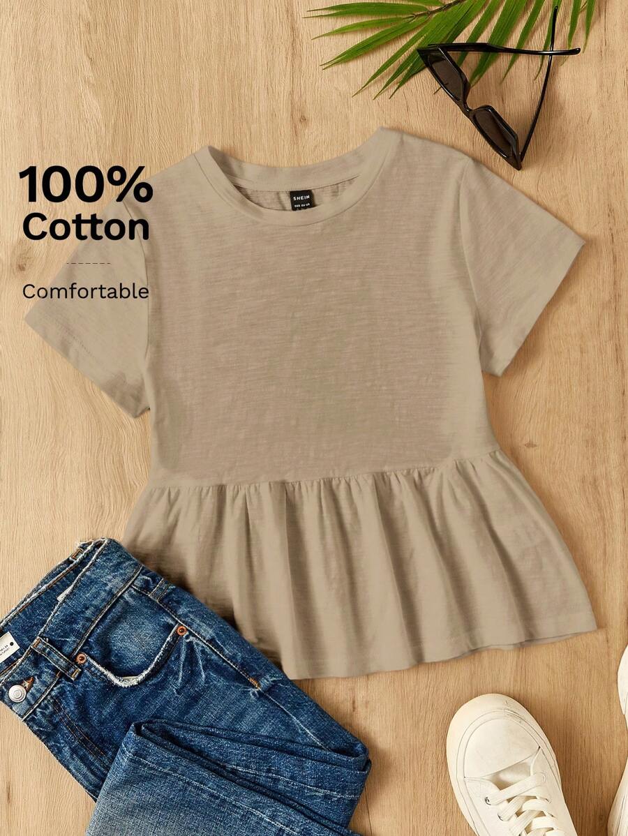 SHEIN EZwear 休闲简约咖啡棕色针织女式T恤 - 咖啡棕 - 查看 1