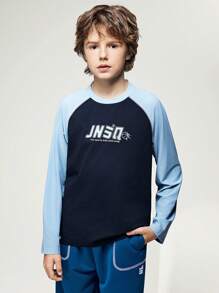 JNSQ 返校服，青少年女孩和男孩运动服，儿童秋冬运动长袖 T 恤，儿童圆领撞色反光带趣味字母印花长袖 T 恤，适合秋冬日常穿着、户外活动、度假、街头风格、派对和休闲 - 彩色 - 查看 12