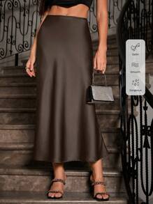 Glamine Women's Solid Color Casual Skirt, Minimalist Style For Daily Wear Maxi Satin Women Outfit