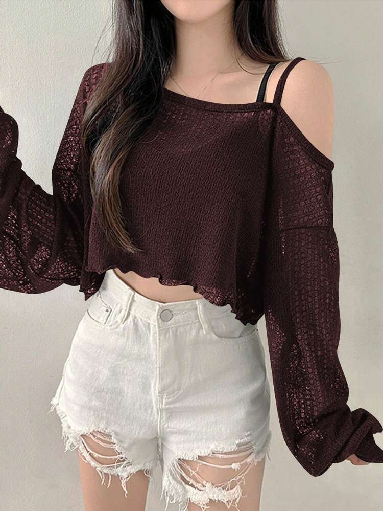 Women's Asymmetric Asymmetrical Shoulder T-Shirt, Minimalist Fashion Design Suitable For Summer Long Sleeve Women Tops,Fall Women Clothes Crop Women Tops