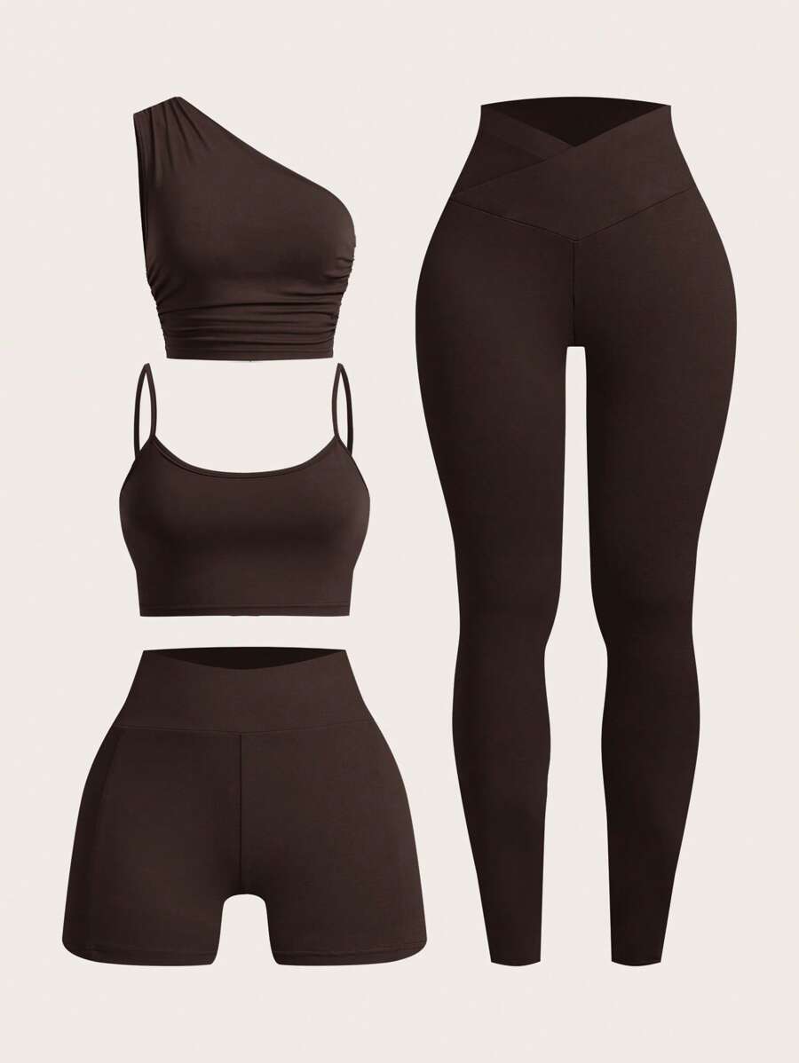 SHEIN EZwear Brown Vest & Shorts & Slim Fit Pants Multi-Piece Outdoor Set - Brown - View 1