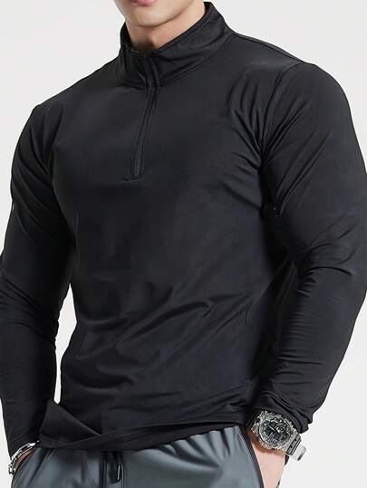 Manfinity Dauomo Camiseta casual de manga larga con cuello alto, cremallera y unicolor para hombres en primavera y verano