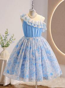 SHEIN Tween Girls' Elegant Rose Floral Print Sleeveless High Waist Ruffled Chiffon Mini Dress, Blue, Suitable For Flower Girl Wedding - Blue - View 7