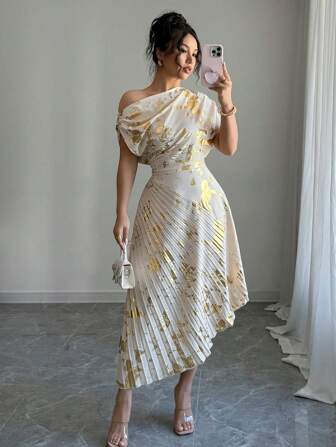Rafferiza Women's Elegant Asymmetric Shoulder Gold Foil Pleated Dress, Spring/Summer