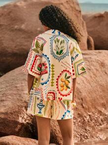 Poéselle Set de 2 piezas - Camisa y shorts casuales para vacaciones, ropa occidental para mujer