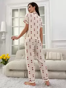 Heart Print Contrast Piping PJ Set / Pajama Set - Beige - View 2