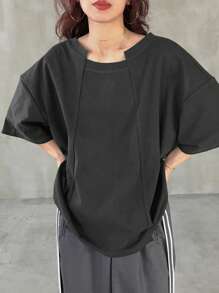 FRIFUL 女士纯色落肩休闲宽松圆领T恤夏季超大码T恤