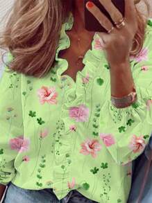 EMERY ROSE Women's Long Sleeve Frill Trim Floral Print Long Shirt Fall Cloth For Women - Multicolor - View 3