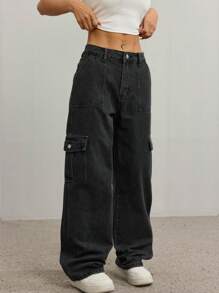 SHEIN PETITE Casual Simple Solid Color Cargo Denim Jeans