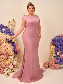 SHEIN Belle Plus Elegant Satin Dress With Faux Pearl Decor, Open Back Mermaid Hem Maxi Bridesmaid Gown