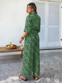 SHEIN VCAY Damen Jumpsuit mit Schmetterlingsärmeln, Batikdruck und Gürtel, Damen Urlaubsoutfits, Damen Urlaubskleidung, Frühling Jumpsuit für Damen - Grün - Übersicht 5