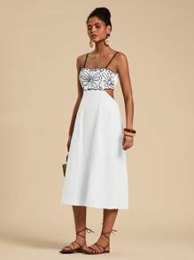 Travachic 度假休闲刺绣镂空腰线 A 字形女式中长吊带裙 - 白色 - 查看 6