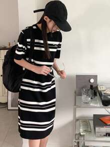 DAZY Tween Girl Letter Striped Round Neck Short Sleeve Casual Long Dress - Black and White - View 1