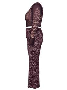 Plus Size Women 2 Pieces Set Leopard Print Long Sleeve Top And Pants, Casual Stylish Outfit For Summer - Multicolor - View 7