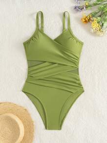 SHEIN Swim Traje de baño de una pieza con tirantes tipo espagueti, parches de malla y unicolor para playa/vacaciones - Verde - Ver 3