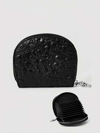 Grunge Punk Multiple Skulls 3D Embossed Metal Tag, Dark Gothic Retro Punk Personalized ID Card Wallet Card Holder, Unisex