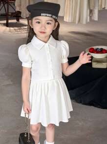 Young Girl Elegant Summer New Outfit, Girls Textured Fabric Puff Sleeve Top And Pleated Skirt 2pcs Set - White - View 1