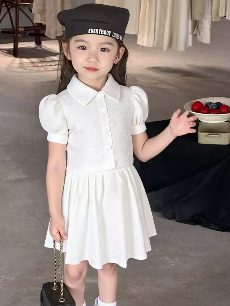 Young Girl Elegant Summer New Outfit, Girls Textured Fabric Puff Sleeve Top And Pleated Skirt 2pcs Set - White - View 1