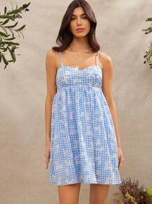 WESTFADE Light Blue Spring Floral Printed Gingham Sweetheart Neck Cute Bow Tie Cut Out Back Cami Babydoll Dress With Pockets Casual Beach Vacation - Baby Blue - View 2