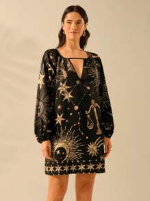 CAJUNI 女士波西米亚风太阳、月亮、星星、全身印花镂空灯笼袖迷你连衣裙，度假休闲 - 黑色 - 查看 3
