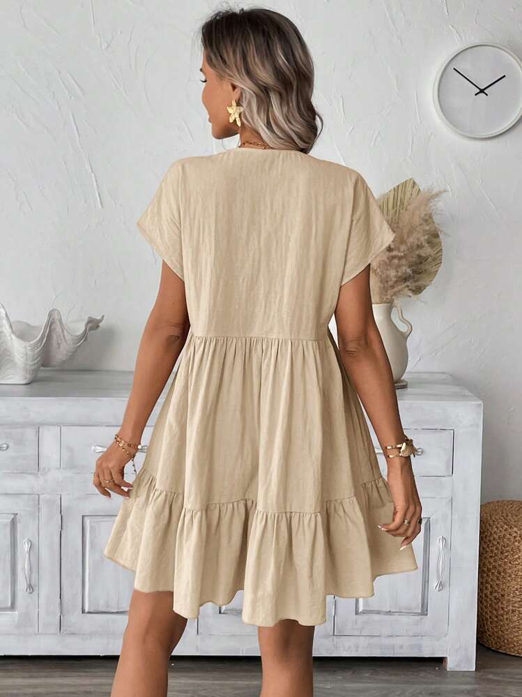 SHEIN LUNE Vestido Casual de Verão Romântico para Praia Curto e Rosa para Mulheres - Caqui - Visão 2