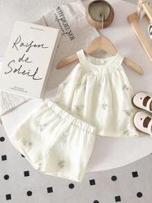 Souflis Souflis Baby/Baby Girl Vintage Style Ditsy Floral Embroidered Halter Top And Shorts Set, Summer