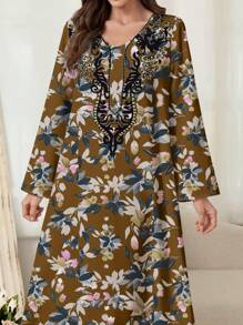 Al Najma 女士阿拉伯风格简约休闲连衣裙，适合夏季，端庄 - 棕色 - 查看 4