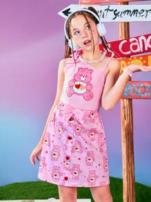 SHEIN X Care Bears Tween Girl Cute Pink Heart Bear Print Cami Top And A-Line Skirt 2 Pieces Set - Pink - View 6