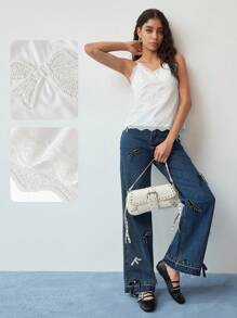 MOTF STUDIO DÉBARDEUR MOTIF NŒ UD PERLE EN DENTELLE CONTRASTÉ - Blanc - Voir 1
