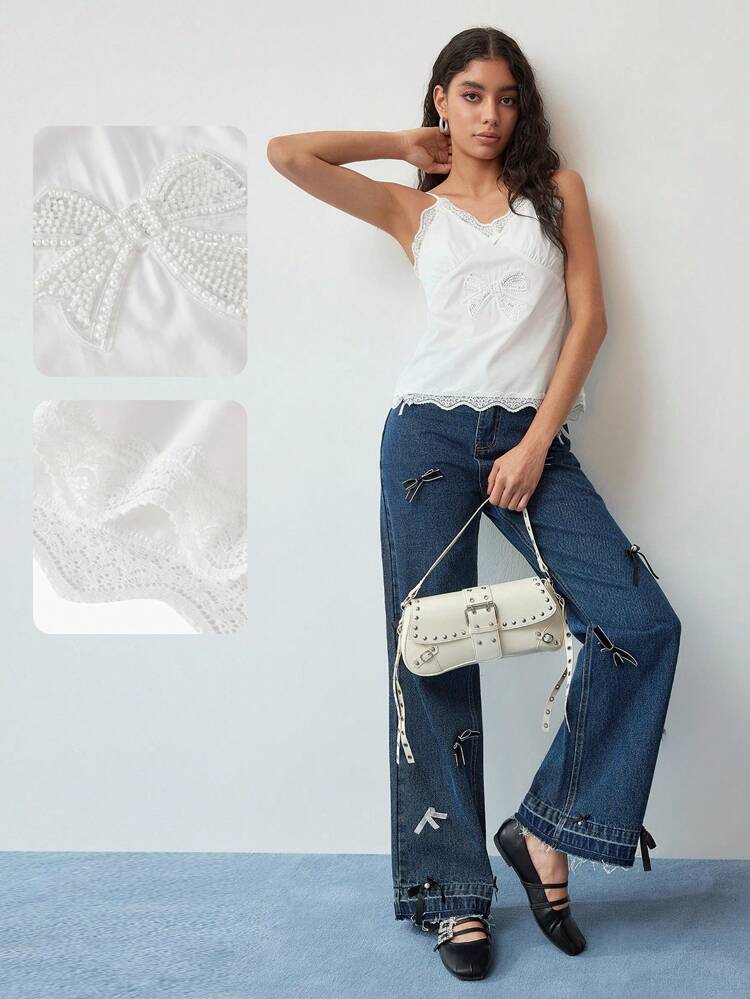MOTF STUDIO CONTRAST LACE BEADED BOW PATTERN CAMI TOP