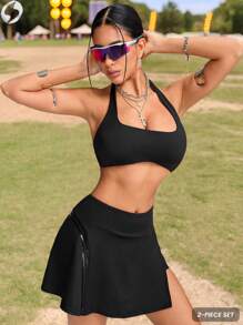 Innovista Women Black Activewear 2 Pieces Workout Outfits,Backless Sports Bra&Sports Skirts,Summer Athleisure Gym Sets,High Waist Sculpting Shapewear For Yoga - Black - View 6