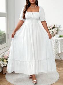 Vionelle Plus Size Sweet Romantic Pink Square Neck Bowknot Ruffle Hem Long Dress Easter Wear - White - View 4