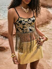 Poéselle 女士时尚亮片流苏下摆吊带背心，夏季