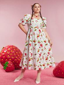 Strawberry Shortcake X SHEIN Plus Size Floral Dot Strawberry Print Ruffled Square Neck Short Sleeve Sundress, Cute Y2K Style For Summer, Spring, Vacation, Rave, Festival, Retro, Lolita - White - View 5