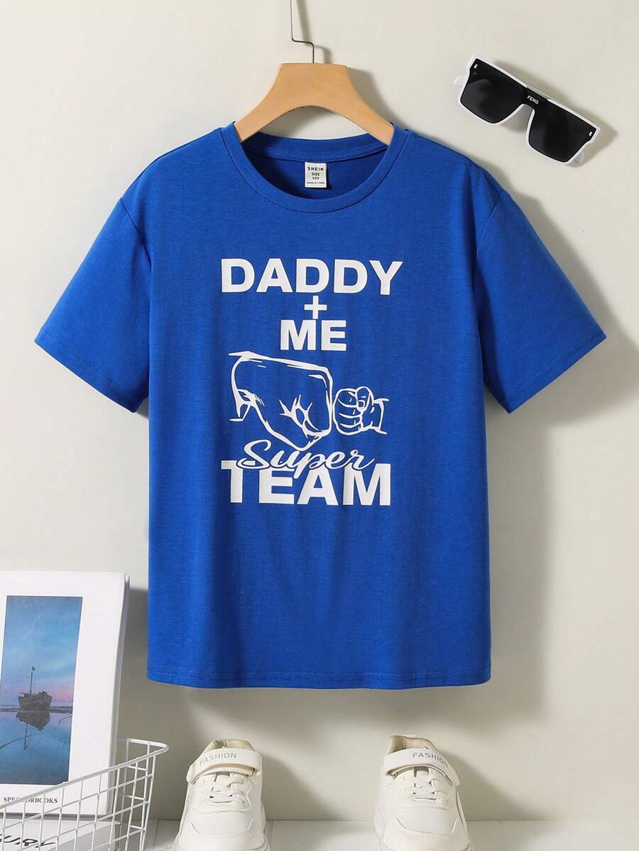 SHEIN 男童图案 T 恤，带人物和字母图案，休闲针织