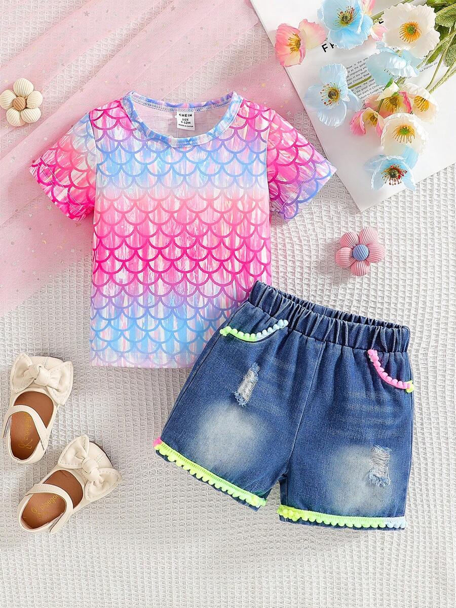 SHEIN Baby Girl Leopard Print Denim 2 Pieces Set, Spring/Summer - Multicolor - View 1