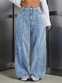 SHEIN EZwear 大码前扣口袋洗水牛仔裤，休闲日常穿着 - 淺色水洗藍 - 查看 1