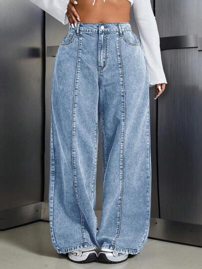 SHEIN EZwear Jeans de mezclilla lavada con botones frontales y bolsillos, para uso diario casual, tallas grandes