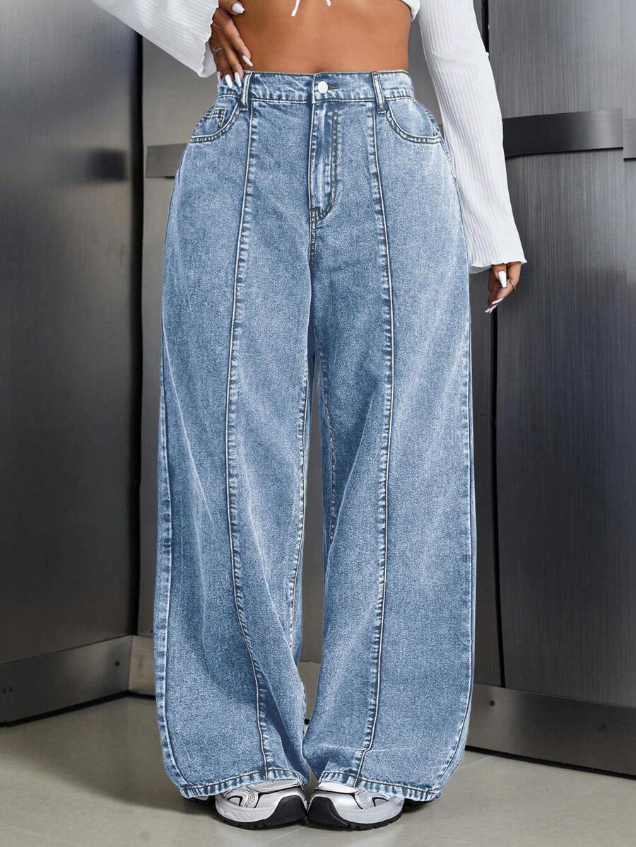 SHEIN EZwear 大码前扣口袋洗水牛仔裤，休闲日常穿着 - 淺色水洗藍 - 查看 1