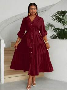 Maweii Abito maxi da donna con scollo a V, abbottonatura frontale, maniche lunghe, con cintura e balza in vita, elegante e adatto a taglie comode